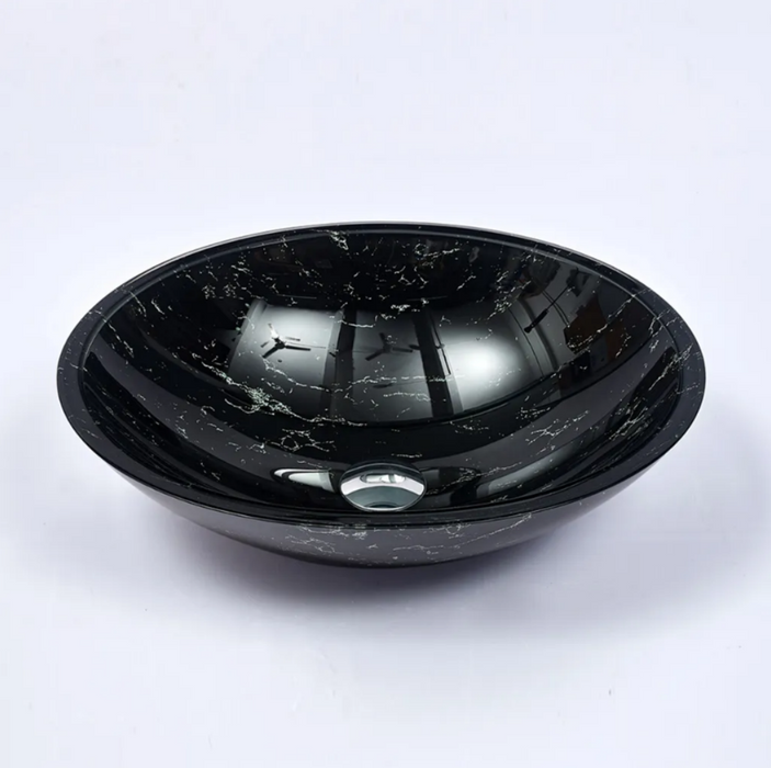 480*390*140mm Infinity Art Gloss Black Double Layer Glass Oval Above Counter Basins