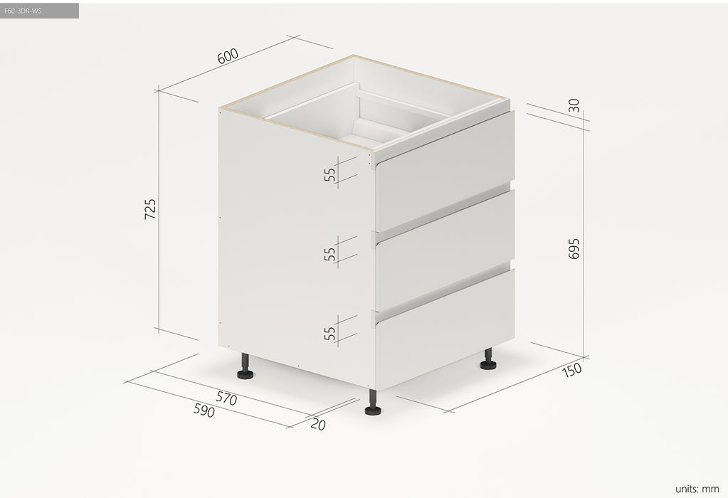 600*590*725mm Satin White Drawer Kitchen Cupboard