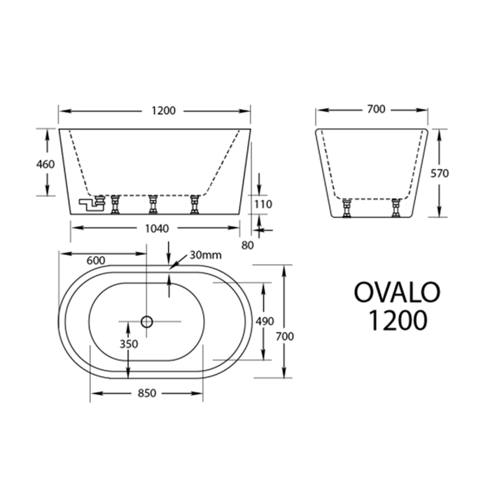 1200-1700mm Broadway Ovalo White Acrylic Oval Freestanding Bathtub