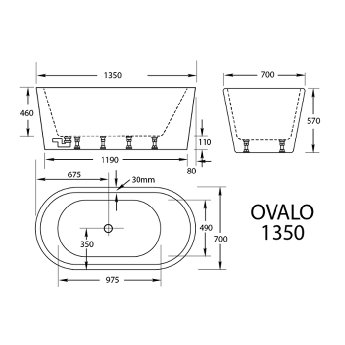1200-1700mm Broadway Ovalo White Acrylic Oval Freestanding Bathtub