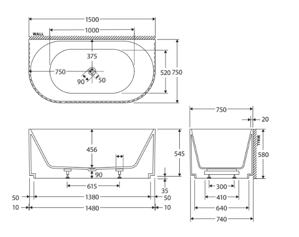 1500/1700*750/800*580mm FIE Eleanor Gloss White Oval Fluted Acrylic Back To Wall Bathtub