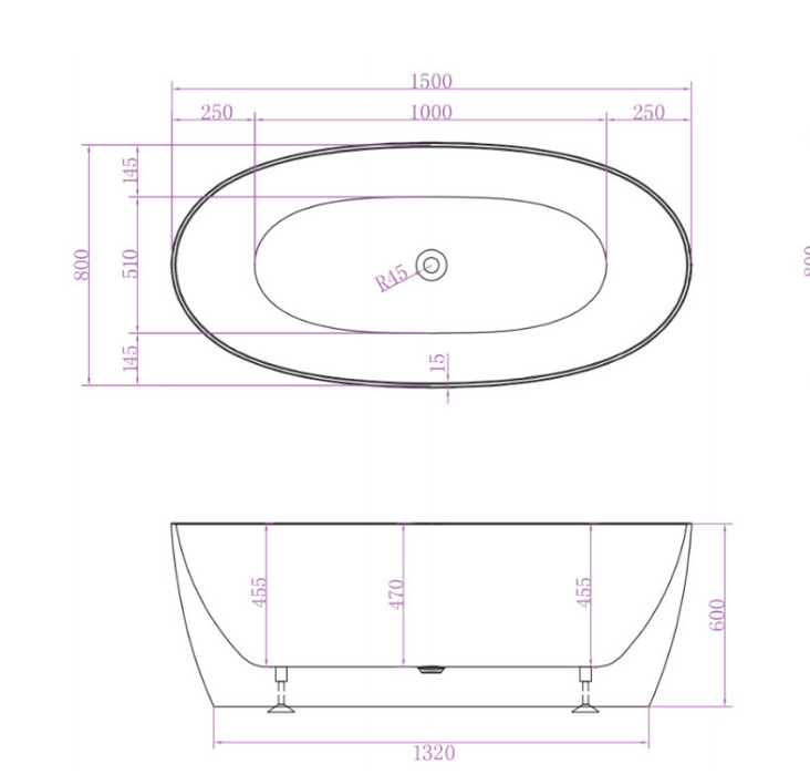 1500/1700*800*600mm ABS Delta Riva-Slim Matt White Oval Acrylic Freestanding Bathtub