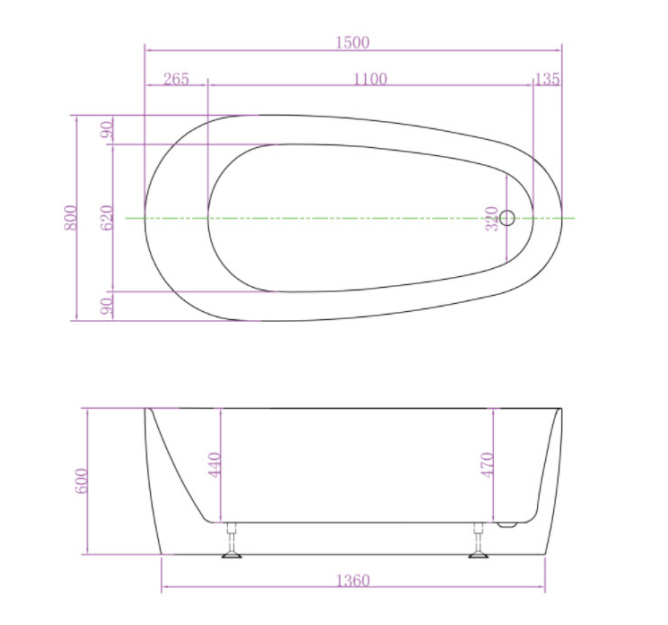 1500/1700*800*600mm ABS Vista Riva-Slim Matt White Special Shape Acrylic Freestanding Bathtub