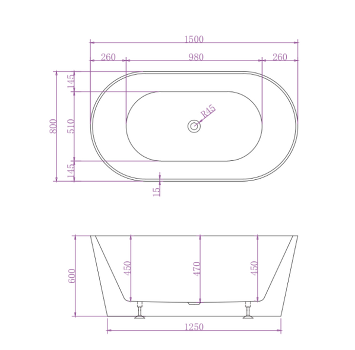 1500/1700*800*600mm ABS Mia Riva-Slim Matt White Oval Acrylic Freestanding Bathtub