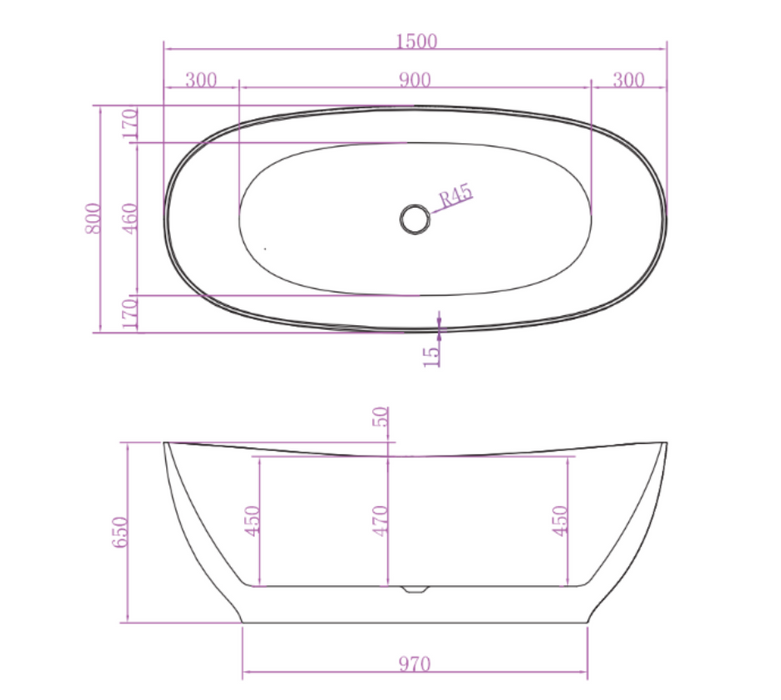 1500/1700*800*650mm ABS Layla Riva-Slim Matt White Oval Acrylic Freestanding Bathtub