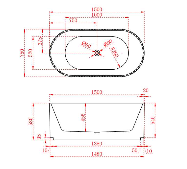 1500/1700mm ABS Roma Riva Gloss or Matt White Oval Freestanding Bathtub