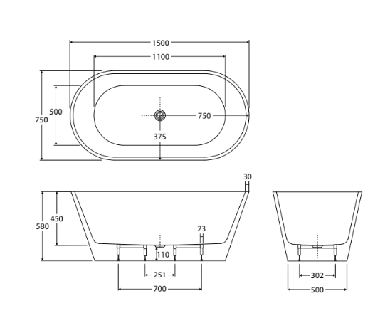 1500/1700*750/810*580mm FIE Austin Gloss White Oval Acrylic Freestanding Bathtub With Overflow