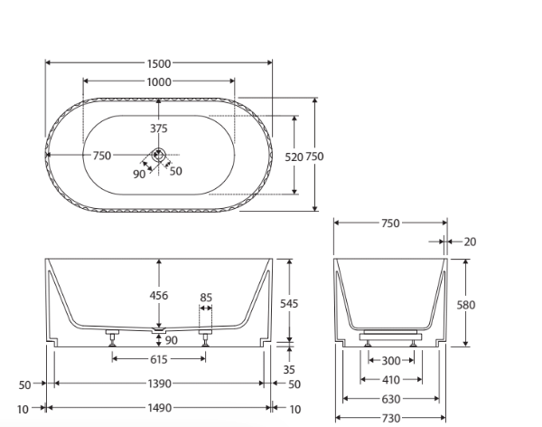 1500/1700*750/800*580mm FIE Eleanor Gloss White Oval Fluted Acrylic Freestanding Bathtub