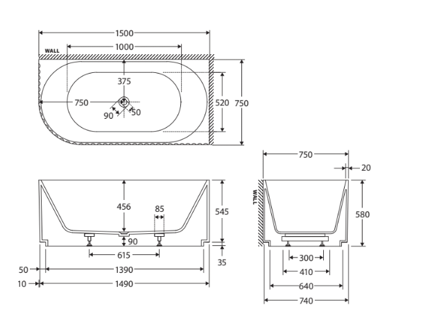 1500mm FIE Eleanor Gloss White Oval Fluted Acrylic Right/Left-Hand Corner Bathtub