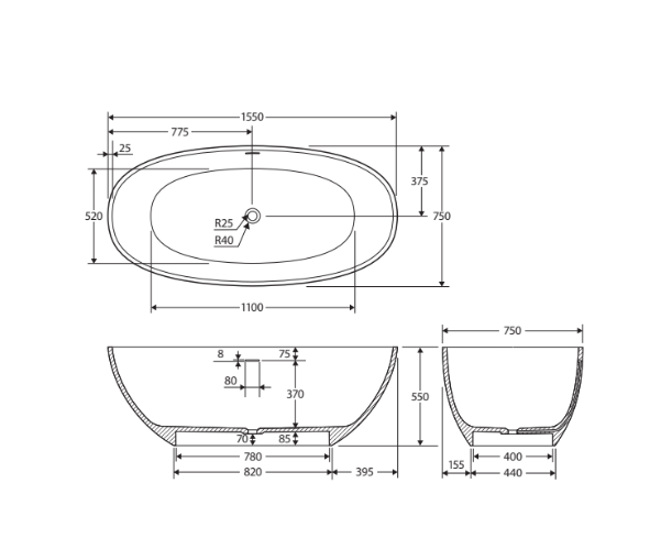 1550/1650*750/800*550/560mm FIE Sasso Matt White Oval Solid Surface Freestanding Bathtub With Overflow