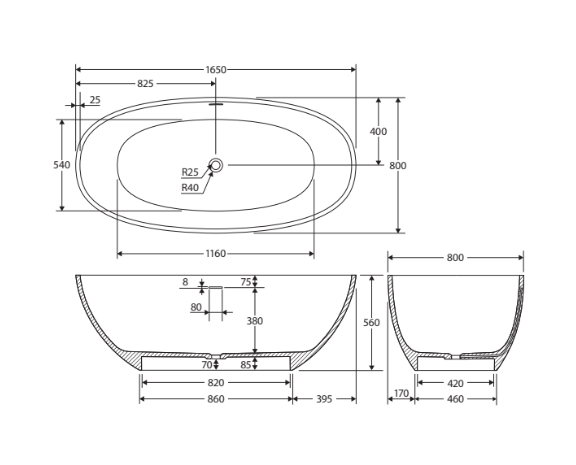 1550/1650mm FIE Sasso Matt White Oval Solid Surface Freestanding Bathtub With Overflow