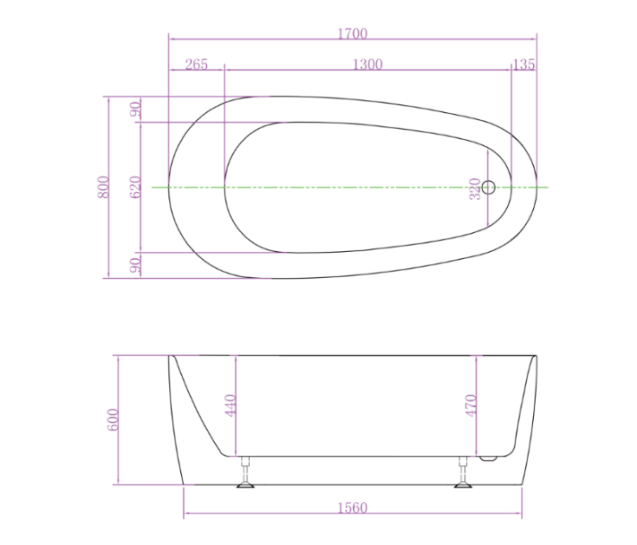 1500/1700*800*600mm ABS Vista Riva-Slim Matt White Special Shape Acrylic Freestanding Bathtub