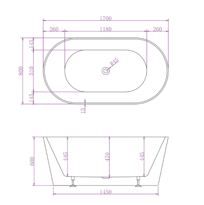 1500/1700*800*600mm ABS Mia Riva-Slim Matt White Oval Acrylic Freestanding Bathtub