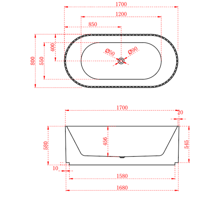 1500/1700mm ABS Roma Riva Gloss or Matt White Oval Freestanding Bathtub