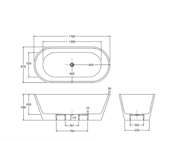 1500/1700mm FIE Austin Gloss White Oval Acrylic Freestanding Bathtub With Overflow