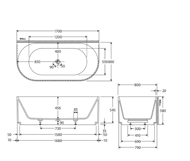 1500/1700mm FIE Eleanor Gloss White Oval Fluted Acrylic Back To Wall Bathtub