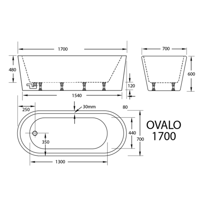 1200-1700mm Broadway Ovalo White Acrylic Oval Freestanding Bathtub