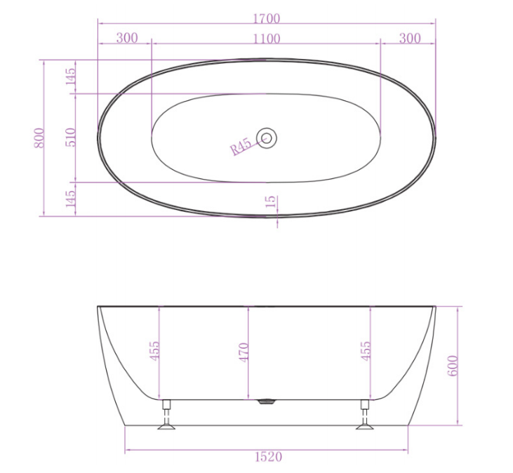 1500/1700*800*600mm ABS Delta Riva-Slim Matt White Oval Acrylic Freestanding Bathtub