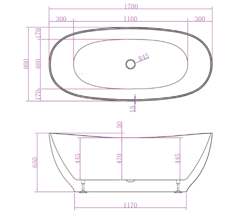 1500/1700*800*650mm ABS Layla Riva-Slim Matt White Oval Acrylic Freestanding Bathtub