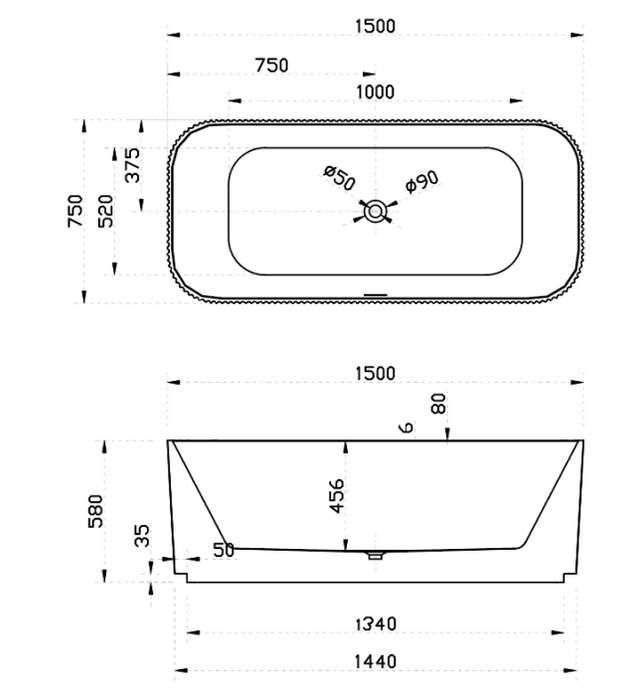 1500*750*580mm ABS Milano Riva White/Black Oval Flute Profile Freestanding Bathtub