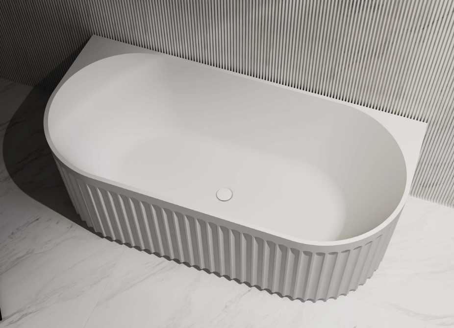 1500/1700mm ABS Roma Riva Gloss/Matt White Oval Sharp Flute Profile Back to Wall Bathtub