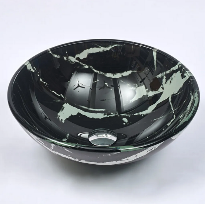 420*420*145mm Infinity Art Matt Black Marble Glass Round Above Counter Basins