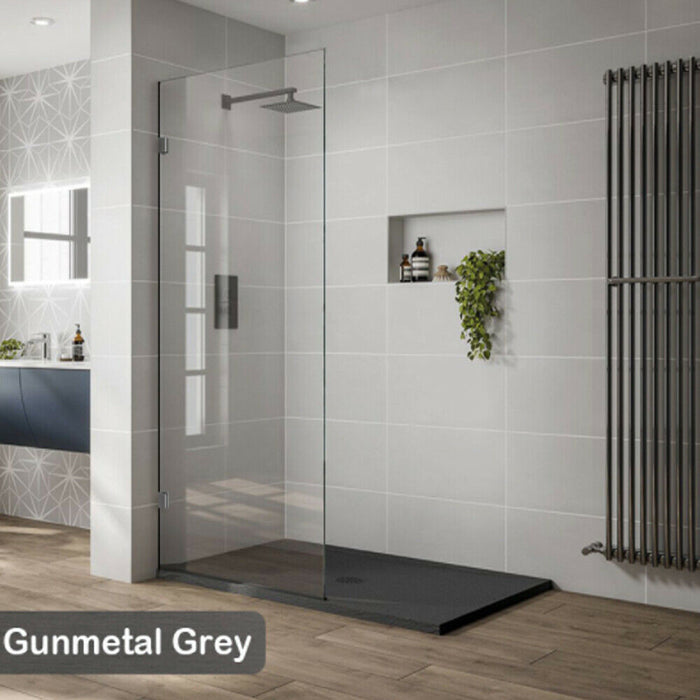 200-1200mm Covey 10mm Glass Frameless Walk In Single Fixed Panel Gunmetal Grey Brackets Shower Screens