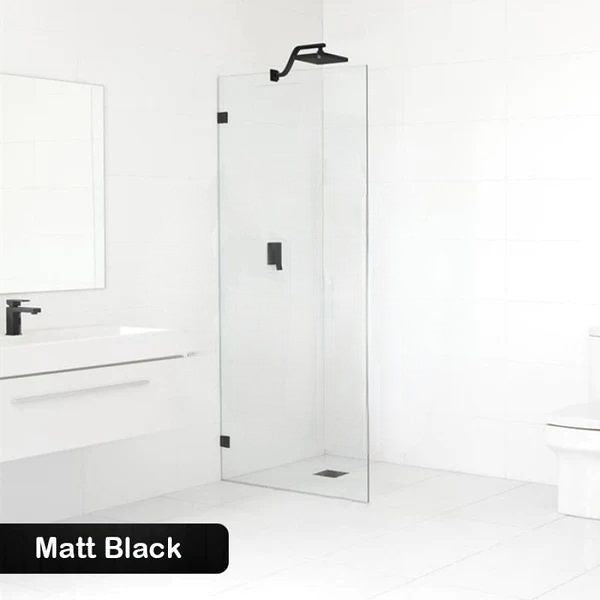 200-1200mm Covey 10mm Glass Frameless Walk In Single Fixed Panel Black Brackets Shower Screens