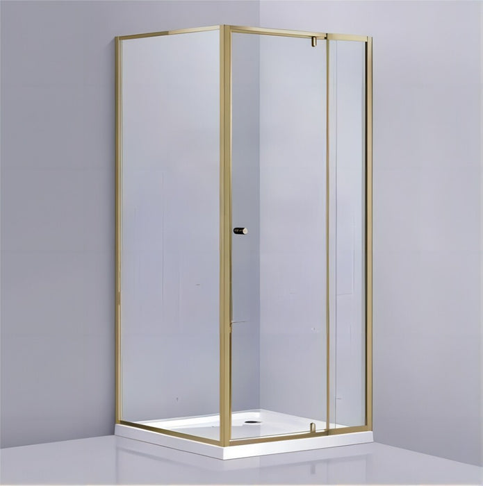 700-1470x2000mm Framed L Shape Pivot Door with Return Panel Brushed Gold Fittings 6mm Glass Shower Screens