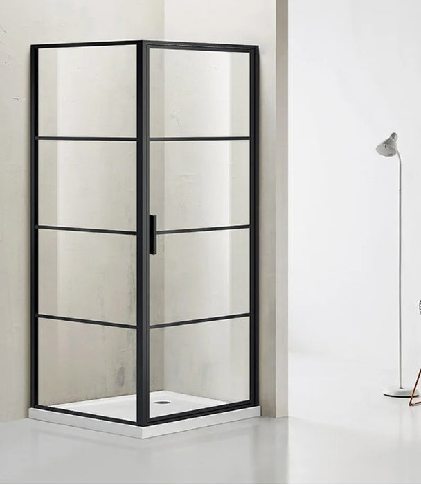 900/1000x2000mm 6mm Glass L Shape Pivot Grid Door with Fixed Return Panel Black Framed Shower Screens