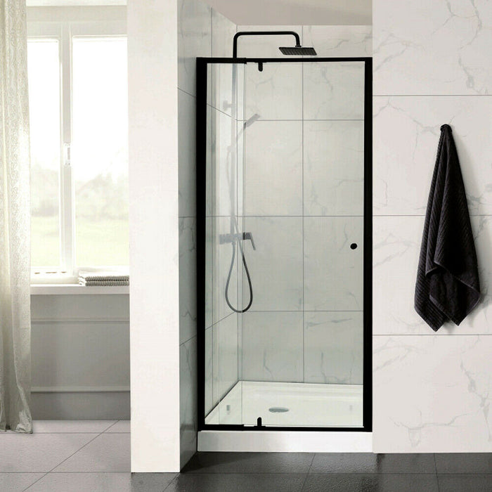 700-1470x2000mm Semi-frameless Pivot Door Wall to Wall Black Fittings 6mm Glass Shower Screens