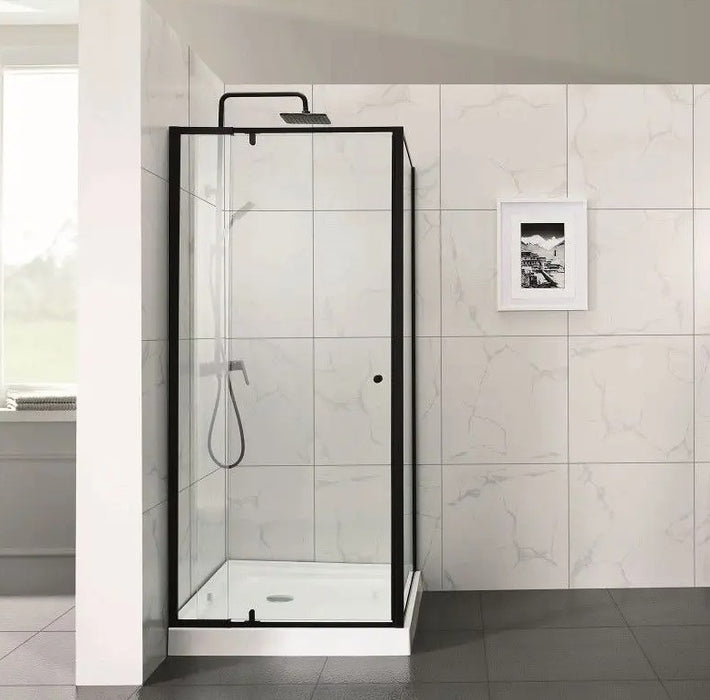 700-1470x2000mm Framed L Shape Pivot Door with Return Panel Brushed Gold Fittings 6mm Glass Shower Screens