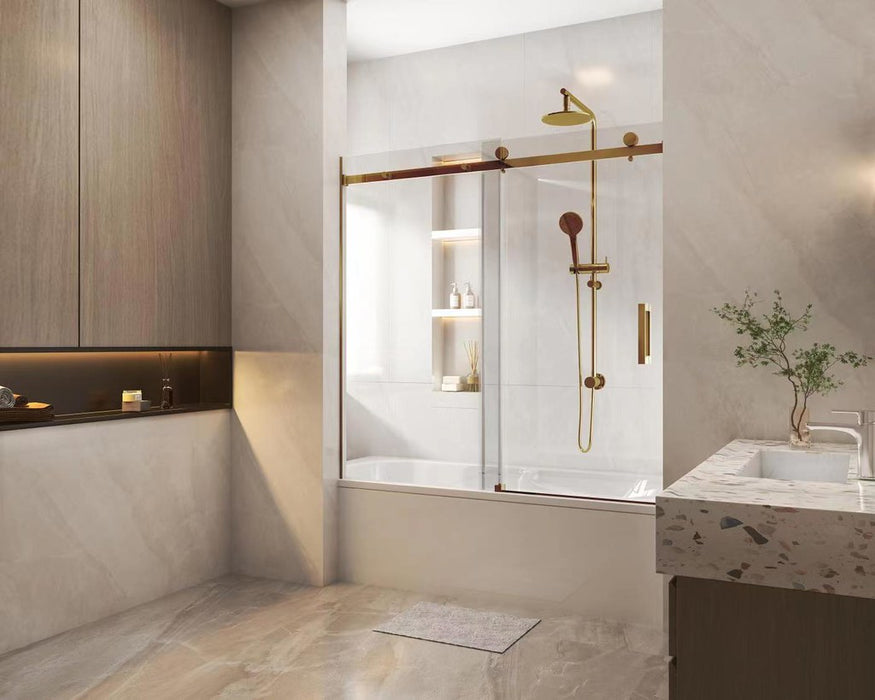 1450-1800*1600mm Brushed Gold Frameless Sliding Door Over Bathtub Shower Screens