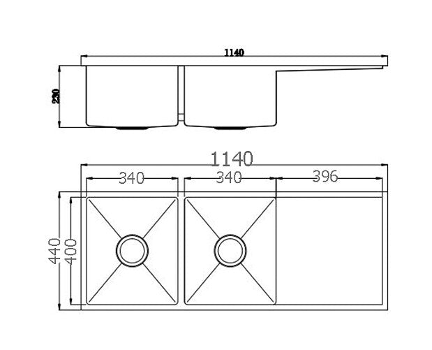 1140*440*230mm BK Arcko LUX 304 Stainless Steel Chrome Square Undermount Double Bowls With Drainer Laundry Kitchen Sink