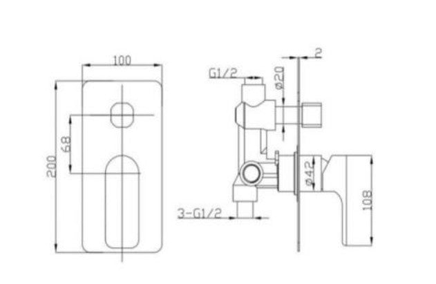 BK Luxus Chrome/Matt Black/Brushed Nickel/Brushed Gold Brass Square Shower Wall Mixer With Diverter