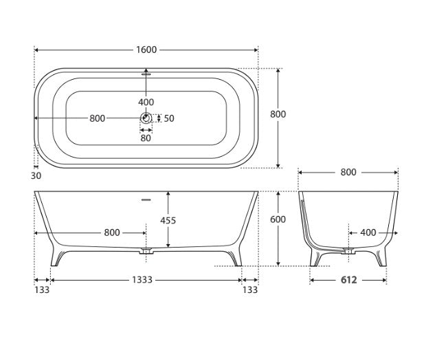 1600*800*600mm FIE Hampton Matt White Oval Cast Stone Solid Surface Freestanding Bathtub With Overflow