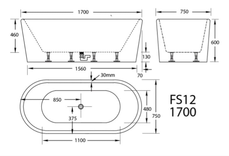 1500-1700*750*600mm Broadway FS12 White/Black Acrylic Oval Freestanding Bathtub