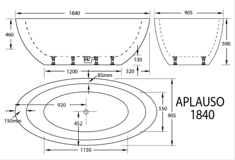 1840*905*590mm Broadway Aplauso White/Black Acrylic Oval Freestanding Bathtub