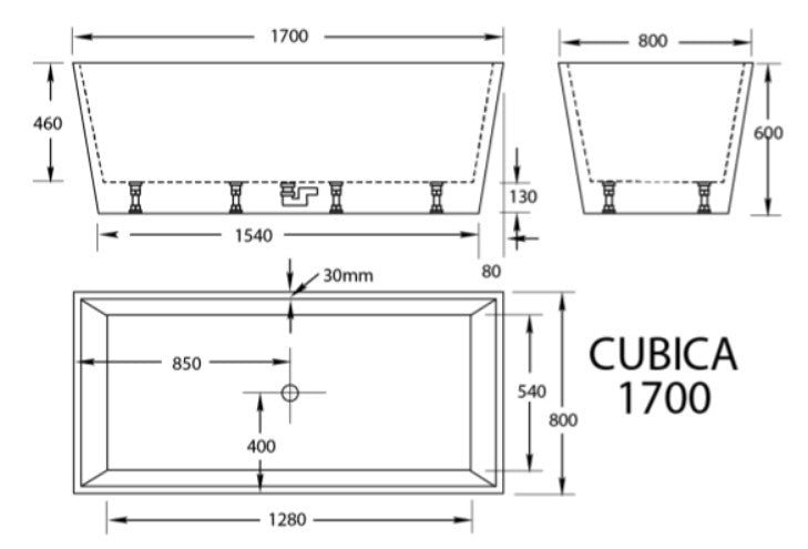 980-1700mm Broadway Cubica White/Black Acrylic Rectangle Freestanding Bathtub