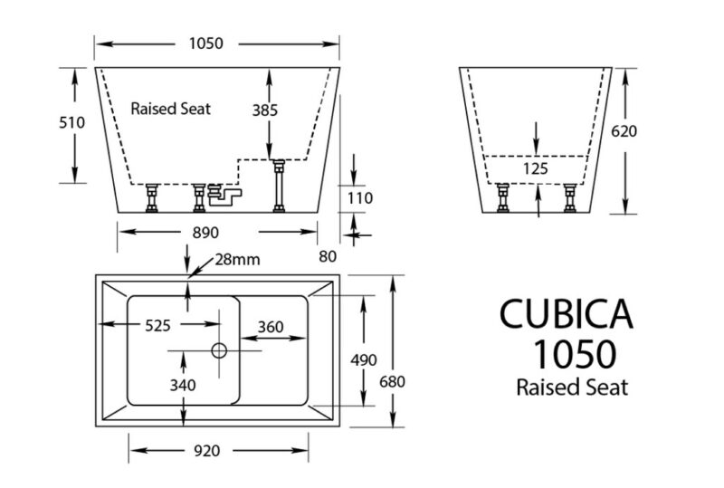 980-1700mm Broadway Cubica White/Black Acrylic Rectangle Freestanding Bathtub