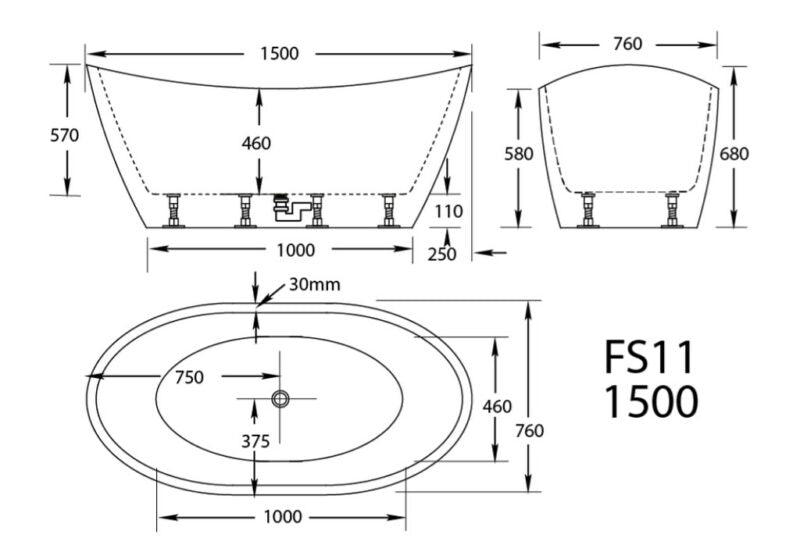 1500-1700*760/800*680mm Broadway FS11 White/Black Acrylic Freestanding Bathtub