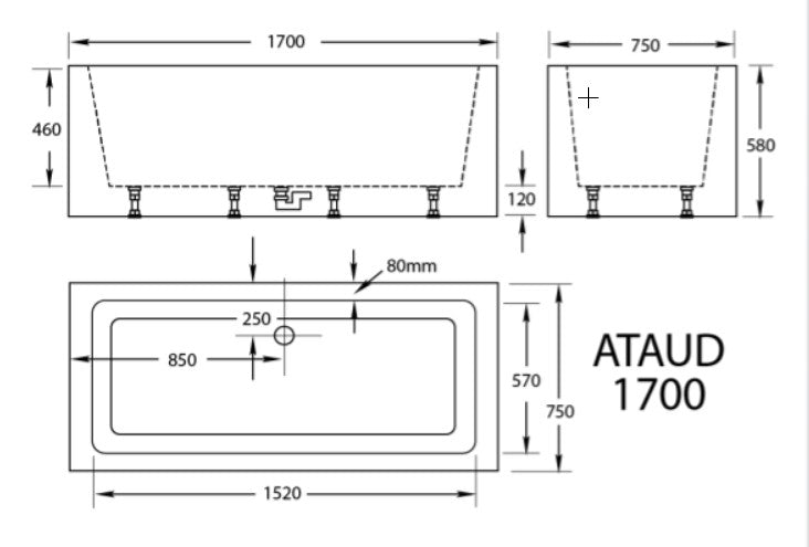 1520-1700*750*580mm Broadway Ataud White Rectangle 12 Jets Acrylic Freestanding Spa Bathtub