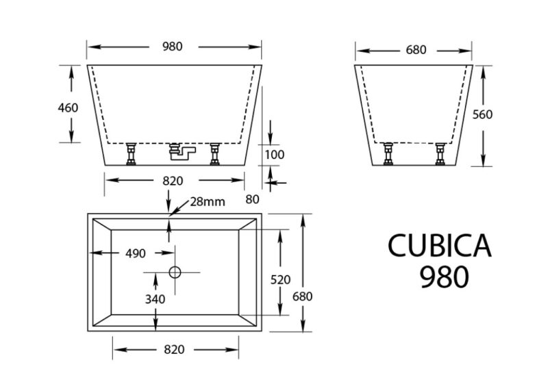 980-1700mm Broadway Cubica White/Black Acrylic Rectangle Freestanding Bathtub