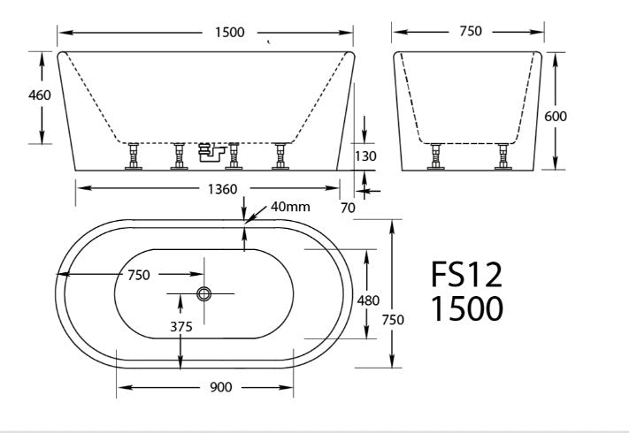 1500-1700*750*600mm Broadway FS12 White/Black Acrylic Oval Freestanding Bathtub