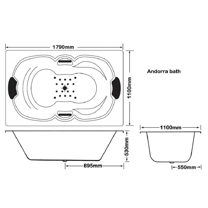 1790*1100*530mm Broadway Andorra White Acrylic Rectangle Drop In Bathtub