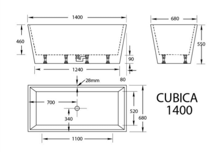 980-1700mm Broadway Cubica White/Black Acrylic Rectangle Freestanding Bathtub