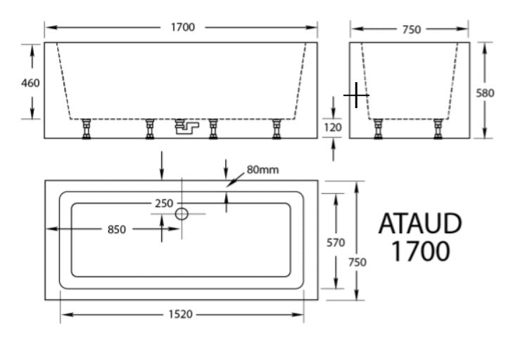 1520-1700*750*580mm Broadway Ataud White Rectangle 12 Jets Acrylic Freestanding Spa Bathtub