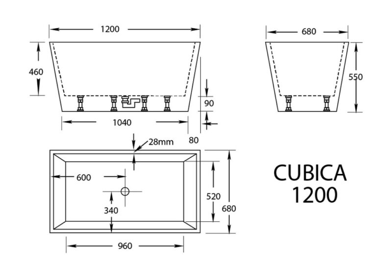 980-1700mm Broadway Cubica White/Black Acrylic Rectangle Freestanding Bathtub