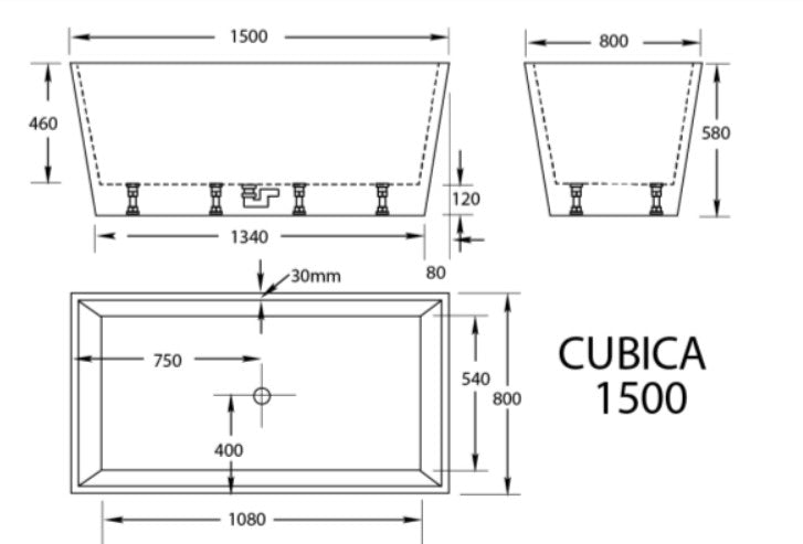 980-1700mm Broadway Cubica White/Black Acrylic Rectangle Freestanding Bathtub