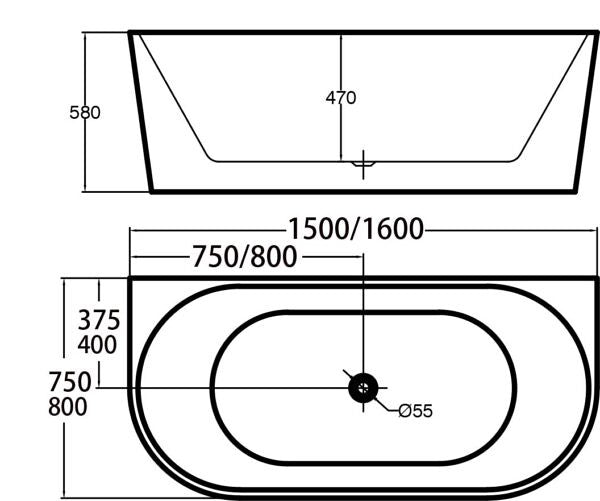 1500/1600*750/800*580mm ABS Dana Gloss White Oval Acrylic Back to Wall Bathtub